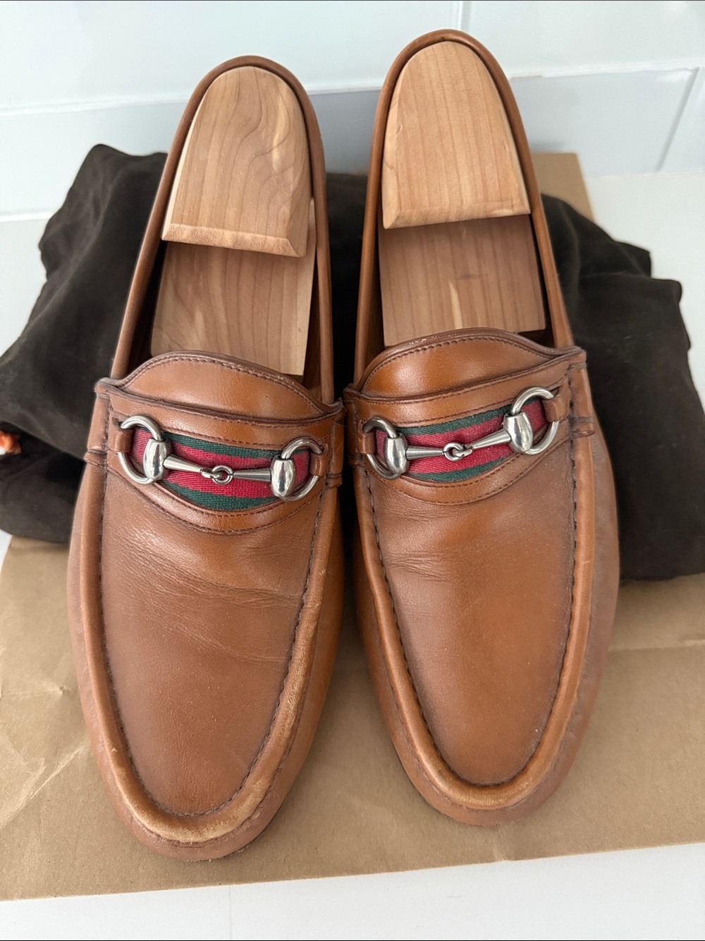 Gucci Brown Leather Bit Loafers with Red & Green Web